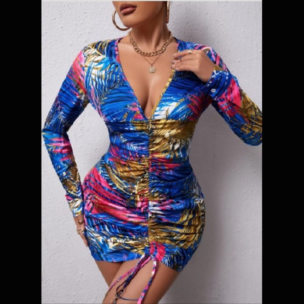 Colorful Ruched Tropical Dress
